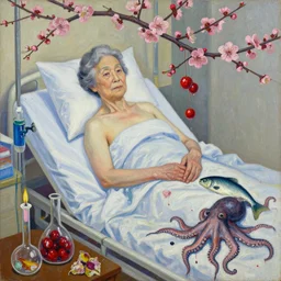 portrait of a japanese old lady in a hospital bed, sensual, plum blossom, fish, squashed berries dripping, octopus, scientific glassware, dripping fruit, wilted flowers, oxygen tank, candlelight, neo - impressionist, surrealism, acrylic and spray paint and oilstick on canvas
