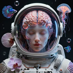 close-up portrait goddess brain inside a astronaut helmet,  x-ray, backbone, jellyfish phoenix head, nautilus, orchid, betta fish, bioluminiscent creatures, dark deep complex air bubbles in background, intricate artwork by Tooth Wu and wlop and beeple. octane render, trending on artstation, greg rutkowski very coherent symmetrical artwork. cinematic, contrasted, hyper realism, high detail, octane render, 8k