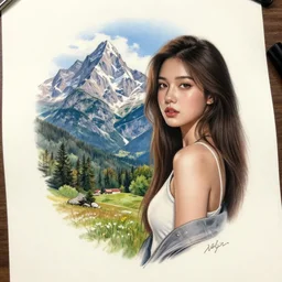 tattoo design sketch of a beautiful girl next to a beautiful mountain scenery, hyper realistic