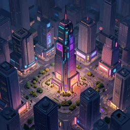 a city square in a typical cyberpunk town, isometric aerial view, futuristic, high rise, buildings, neon signs, illustration, very detailed, award winning, artstation, artgem