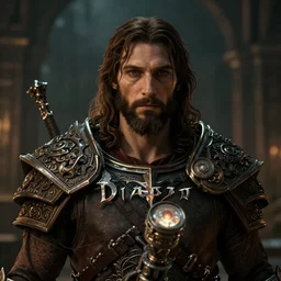 a videogame still of Jesus in Diablo III, portrait, 40mm lens, shallow depth of field, close up, split lighting, cinematic