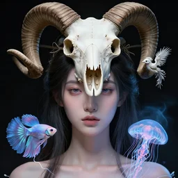 goddess close - up portrait wigh crown made of ram skull. betta fish, jellyfish skeleton phoenix, bioluminiscent, plasma, ice, water, wind, creature, super intricate ornaments artwork by tooth wu and wlop and beeple and greg rutkowski