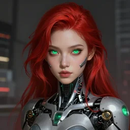 a portrait of a beautiful cyborg girl, red hair, glowing green eyes, urban motifs, intricate, elegant, highly detailed, digital painting, trending on artstation, concept art, smooth sharp focus, illustration, art by artgerm and greg rutkowski