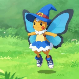 butterfly pokemon with black eyes and antennae wearing a battle skirt blue hat floating over a field wearing converse greaves and a witch hat, concept art by brent hollowell artstation