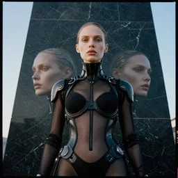 cinestill 5 0 d candid photographic portrait by helen levitt of a feminine android wearing sexy black mesh techwear on a black marble monument, extreme closeup, modern cyberpunk moody emotional cinematic, clear skies, 8 k, hd, high resolution, 3 5 mm, f / 3 2, ultra realistic faces, ex machina
