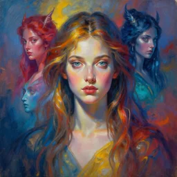 goddess of the four elements. portrait. colorful atmospheric lighting. highly detailed painting by greg rutkowski.