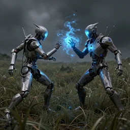 twin wizards fighting in a grassy field with opposite colored magic, abstract, cybernetic, dark, gritty