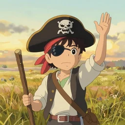 A kid putting an eyepatch and a pirate's head scarf on his head, holding a wooden stick at golden hour in a plain grass field, hand up in the air, facing the camera, by Makoto Shinkai and thomas kinkade, digital painting, Matte painting, trending on artstation and unreal engine, in the style of Calvin and Hobbes