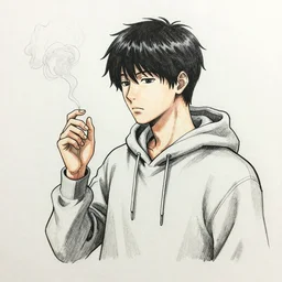 A drawing of a man in a hoodie smoking, drawn in the style of Yusuke Nakamura, Anime style, surrealism