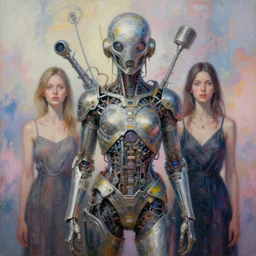 art titled mechanic dream by yoko d'holbachie feat naoto hattori, caitlin hacket and hannah yata featuring archan nair. visionary psychedelic fineart painting. gigapixel resolution. intricate detailed. beautiful dramatic cinematic. in the style of subject zero. hyperrealistic render. dreamy blurry pastel aquarel background.