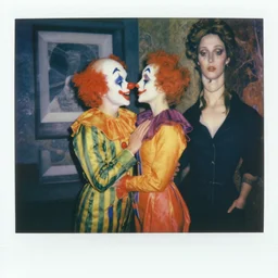 a photo of clowns in love, mandelbrot, in the style of egon schiele, jenny saville, m c escher, surreal, film photography, soft lighting, fashion photography, polaroid photography
