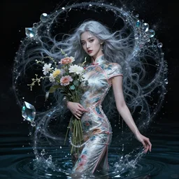 portrait of a beautiful woman wearing a cheongsam dress, holding a bouquet of flowing flowers, drenched body, silver hair, emerging from the water, dark fantasy, regal, fractal crystal, fractal gems, by ross tran, stanley artgerm lau, thomas kindkade, alphonse mucha, loish, norman rockwell