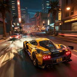 mad max fury road film still, racing on a post apocalyptic city street at night, gta 5, fallout 4, rocket league, hyper detailed, forza, smooth, high contrast, volumetric lighting, octane, george miller, jim lee, vibrant rich deep color, comic book, fast and furious, ridley scott