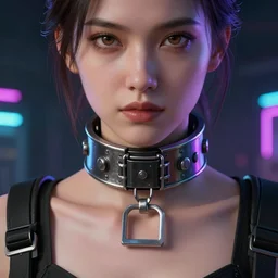 detailed realistic female character cyberpunk wearing thick steel collar around neck, realistic, art, beautiful, 4K, collar, choker, collar around neck, punk, artstation, detailed, female, woman, choker, cyberpunk, neon, punk, collar, choker, collar around neck, thick collar, tight around neck, punk, looking straight,