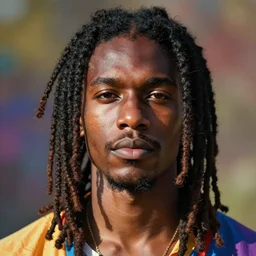 of a black guy with dreadlocks in the style of Anna and Elena Balbusso, intense colours and vibrant sunlight