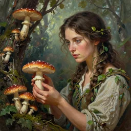 A mixed media portrait painting of a beautiful mycologist woman tending to her mushroom grove, detailed Aesthetic! face and eyes, slavic, clothed in vines, by Beeple, Frank Frazetta, Greg Rutkowski, Christian MacNevin, epic fantasy character art, high fantasy, CGsociety, exquisite detail, post-processing, masterpiece, cinematic