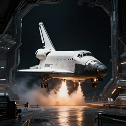a futuristic space port, space shuttle of the future, lift off, black metal, cinematic lighting, 4 k, 8 k, hyper detailed