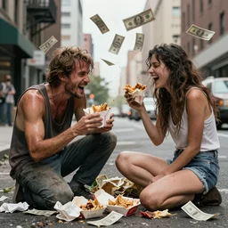in a dirty city street disheveled male and female supermodels fight, sweating laughing, over piles half eaten rotting fast food, money thrown and floats in the air, hyper realistic photo, full colour, upscale, 8 k, masterpiece,