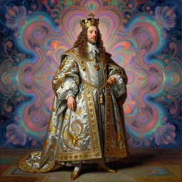 beautiful oil painting, full length portrait of dauphinois in baroque coronation robes 1701, Dan Mumford, Dan Mumford, Alex grey, highly detailed , lsd visuals, dmt fractal patterns, hallucinogen, visionary art, psychedelic art, ornate, vaporwave, baroque, Greg rutkowski