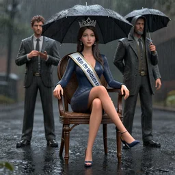 3 d unreal engine octane render of miss of the world in the rain sitting on the chair by greg rutkowski and conrad roset and wlop and artgerm