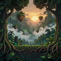 deep jungle forest realm biodiversity , side-scrolling 2d platformer game level, swirling clouds of magical mist through the trees, small chunks of forest soil floating like islands between the tree trunks, dramatic dusk sun illuminates areas , volumetric light , detailed entangled roots carpet the forest floor, rich  color , upscale , 8k