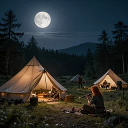 an epic fantasy adventurer's camp with a hide tent at night with a full moon, a single adventurer with red hair playing an instument, 4 k, extremely detailed. award winning, trending on artstation, 8 k, ultra wide angle