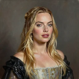 A stunning realistic fine art painting of Margot Robbie as a queen by Tom bagshaw, studio portrait, 50mm lens 4k,