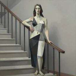 a cubism painting woman on the stairs, in the style of alexander archipenko, muted colors, digital art