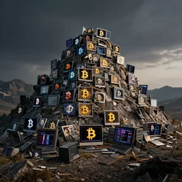 a mountain made out of computer screens that display bitcoin logos, cinematic, post apocalyptic landscape, harsh contrast lighting, in the style of photorealism, hyperrealistic, made by richard estes robert cottingham gerhard richter robert longo ellen altfest