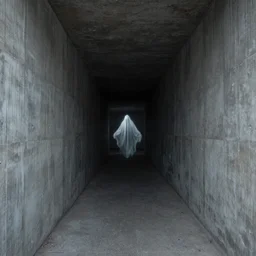concrete corridor with ghost in the end, dark, moody, by Zhang Kechun