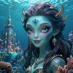 Mysterious city under water. The Lost World of Atlantis. Alien marine beautiful woman looks at us. Big eyes, small genus, smile. Forehead tattoo. . Digital art. Super detail, 4k, wow, artstation trending