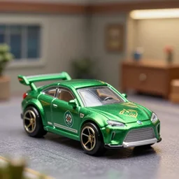 3 5 mm photo of metallic green zelda car like hot wheels model with a room as background, epic cinematic, epic lighting
