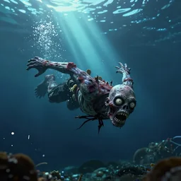 a zombie swimming underwater in a zombie - apocalypse, by greg rutkowski, octane render, lightbeams in the water