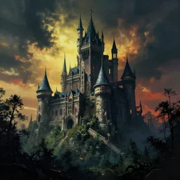 cyberpunk futuristic bladerunner castle in forest, dramatic sky, contrasty art by greg rutkowski and synthwave
