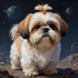 Shih Tzu on an alien planet, digital painting, artstation, concept art, donato giancola, Joseph Christian Leyendecker, WLOP, Boris Vallejo, Breathtaking, 8k resolution, extremely detailed, beautiful, establishing shot, artistic, hyperrealistic, beautiful face, octane render, cinematic lighting, dramatic lighting, masterpiece