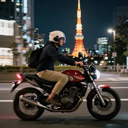 duck driving a motorcycle through tokyo at night