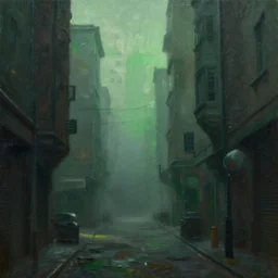 dense city canyon fog emerald light oil painting