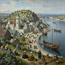a viking busy capital city with a harbor and viking ships in summer, lush vegetation, vikings, trading, ultra detailed, realistic, lost civilizations, masterpiece, 4 k, highly detailed, oil on canvas, smooth, illustration, painted by hans gude and adolph tidemand