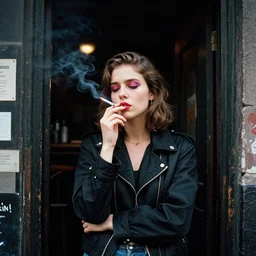morning, entrance to a ghetto bar in new york, 2 0 0 0 s, tired young white woman with bright makeup and black jacket smoking, high detail, hyperrealistic, octane render, photorealistic, color old photo style