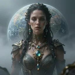 mirtha legrand is last human alive un the planet. intricate jewelry. centered. digital art. hyperrealistic, hyperdetailed. apocaliptic. foggy. cyber punk 4 k octane render
