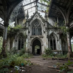 abandoned neo - gothic train station covered by cobwebs and dust, vegeration, broken glasses, hyperdetailed, artstation, cgsociety, 8 k