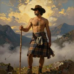 a dramatic epic beautiful painting of a shirtless desi man | he is wearing a plaid kilt and cowboy hat, and holding a walking stick | background is mountains and clouds | dramatic lighting, golden hour, homoerotic | by mark maggiori and walter crane | trending on artstation