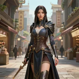 posing for art photography, procedurally generated, epic mage girl character, costume design from shopping mall, ancient city streets behind her, substance designer, PBR, HD, Ultra detailed, hyperrealistic, megascans, volumetric light, concept by master artist, made in paint tool SAI2, good looking face, featured in staff picks