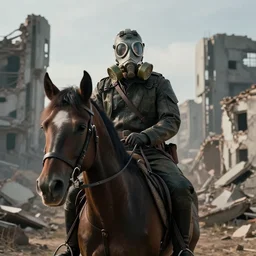 Portrait of a Man in gas mask riding a horse in front ruined future city