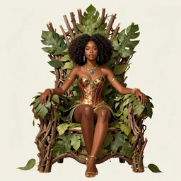 african princess, inspired by yara shahidi and skai jackson with an afro, sitting on an royal throne made of twigs and leaves, wearing corset, inspired by artgerm, character concept art by celinart.