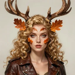 beautiful digital painting of a model with leather jacket and antlers made of wood on the head, blonde curly hair with orange oak leaves, heart shaped face, D&D, fantasy, intricate, beautiful eyes, cinematic lighting, highly detailed, digital painting, Artstation, concept art, smooth, sharp focus, illustration, art by Artgerm and Greg Rutkowski, Alphonse Mucha and Rossdraws