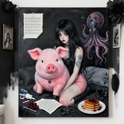 a portrait in a female artist's bedroom, black walls, emo girl with a giant pig plushie, sheet music, berries, surgical supplies, pancakes, black flowers, sensual, octopus, neo - expressionism, surrealism, acrylic and spray paint and oilstick on canvas