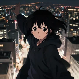 anime visual, portrait of a young black haired girl wearing hoodie sightseeing above the urban city, cute face by yoh yoshinari, katsura masakazu, dramatic lighting, dynamic pose, dynamic perspective, strong silhouette, ilya kuvshinov, anime cels, 1 8 mm lens, rounded eyes, moody, detailed
