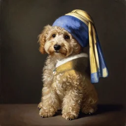 painting of a mini goldendoodle puppy, posed in the style of johannes vermeer girl with a pearl earring painting, hyperrealistic, ambient lighting, golden hour