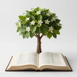 high quality studio photography of Bible with a tree of beautiful leaves and flowers growing out of it, tree of life, solid background